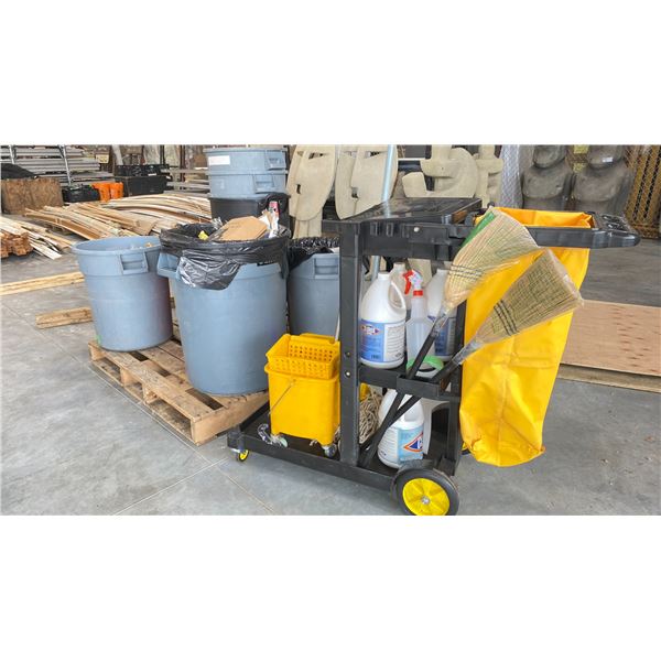 PORTABLE JANITOR'S CART & PALLET OF ASSORTED WASTE BINS (CONTENTS OF WASTE BINS NOT INCLUDED)