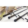 Image 2 : (5 )METAL PROP SWORDS, (1) RUBBER PROP SWORD AND ONE REAL SHORT SWORD WITH SHEATH