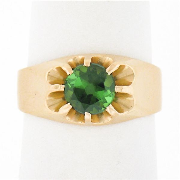Unisex Vintage 14k Gold 0.85 ctw Green Tourmaline Solitaire Gypsy Belcher Ring