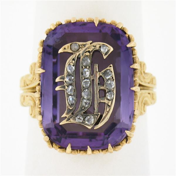 Vintage 18k Gold Repousse Amethyst & Diamond Old English Letter Cocktail Ring
