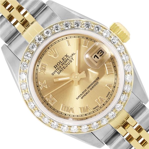 Rolex Ladies Two Tone Quickset Champagne Roman Yellow Gold Diamond Bezel Datejus