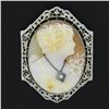 Image 2 : Large Vintage 14K White Gold Carved Shell Cameo w/ Diamond Filigree Pin Brooch