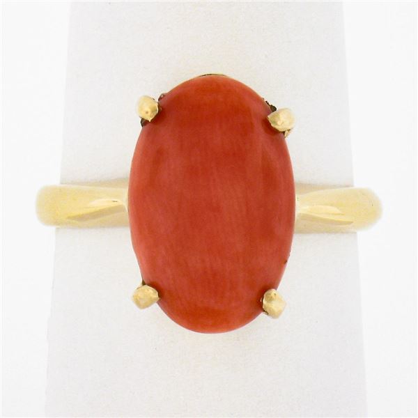 Vintage 14K Gold Elongated Oval Cabochon Pinkish-Orange Coral Solitaire Ring