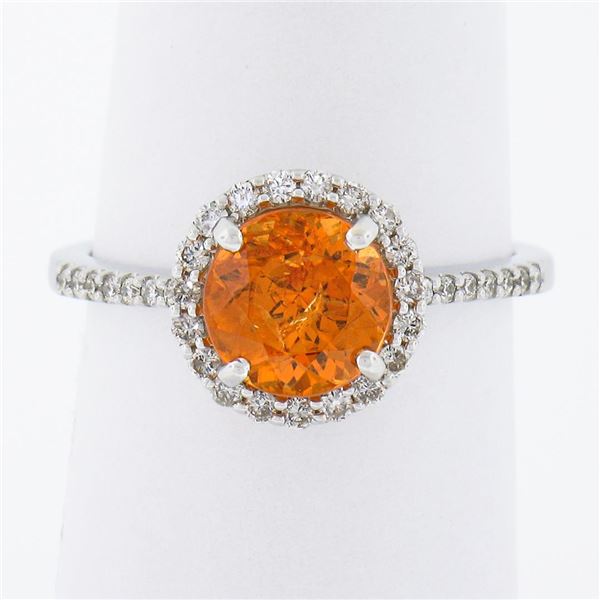 NEW 14K White Gold 2.33 ctw Round Spessartite Garnet Solitaire & Diamond Halo Ri