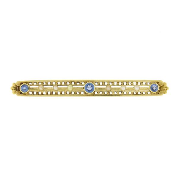 Antique 14k Yellow Gold Bezel Sapphire Seed Pearl Bead Open Work Bar Pin Brooch
