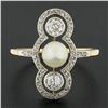 Image 2 : Antique Edwardian 14K Gold & Platinum European Diamond & 5.9mm Pearl Dinner Ring