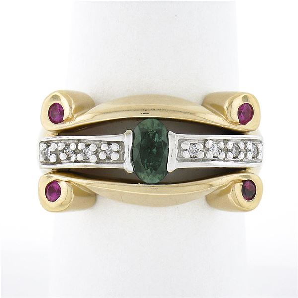 14K TT Gold.92 ctw Oval Sapphire Solitaire Diamond Ruby Sideways Scroll Band Rin