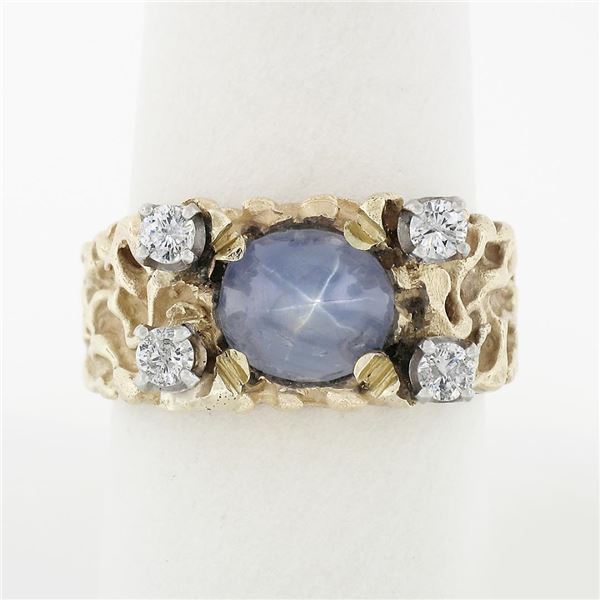 Unisex Vintage 14K Yellow Gold Oval Cabochon Star Sapphire & Diamond Nugget Ring