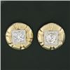 Image 2 : Unique Vintage 14k TT Gold 0.94 ctw Diamond Domed Grooved Button Stud Earrings