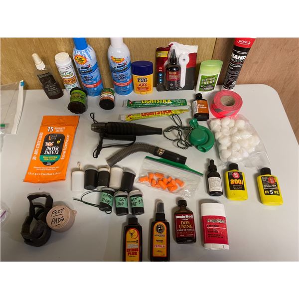 LOT 190 - Assorted Hunting scents, odor eliminators, calls, and accessories