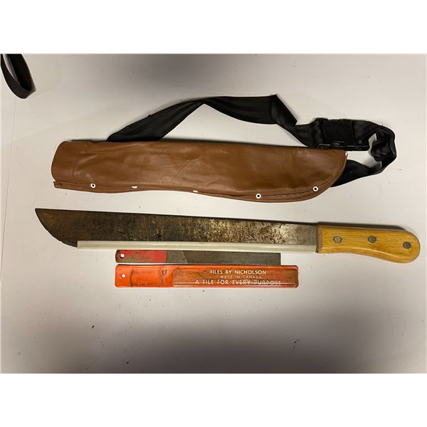 Machete with blade guard, case and file