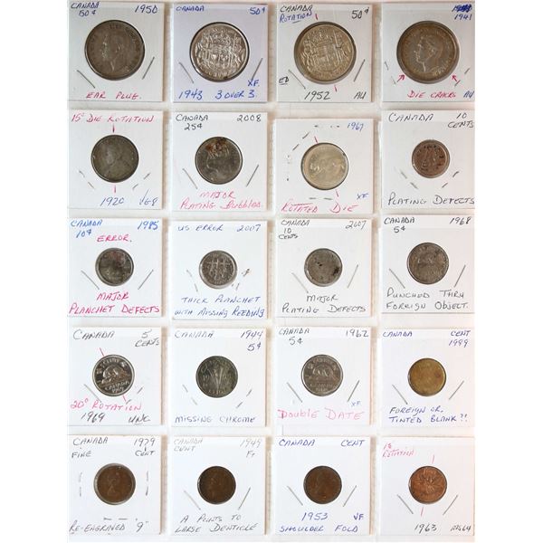 Errors/varieties; Group of 20 miscellaneous decimal coins with different varieties/errors.  A very i