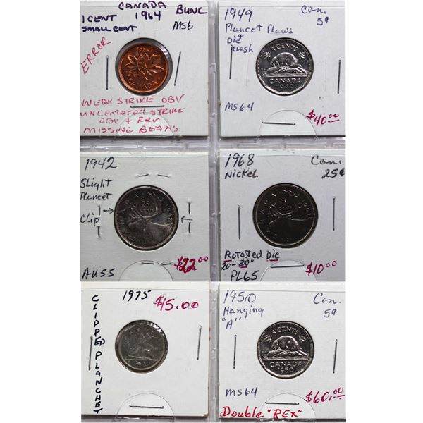 Errors; Group of 6 miscellaneous decimal coins with different errors.  An interesting lot.