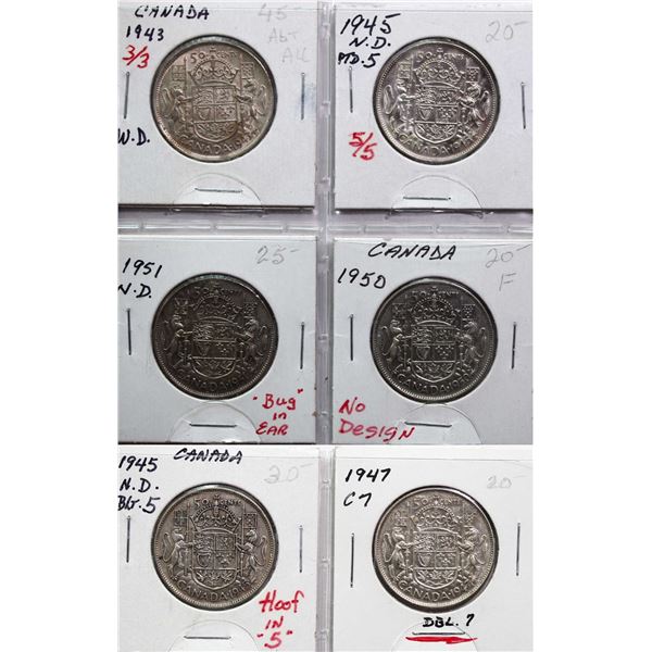 Variety Lot; Varieties on Silver fifty cent pieces. Repunched, Hoof, Dbl 7, Bug in ear, No Des. Lot 