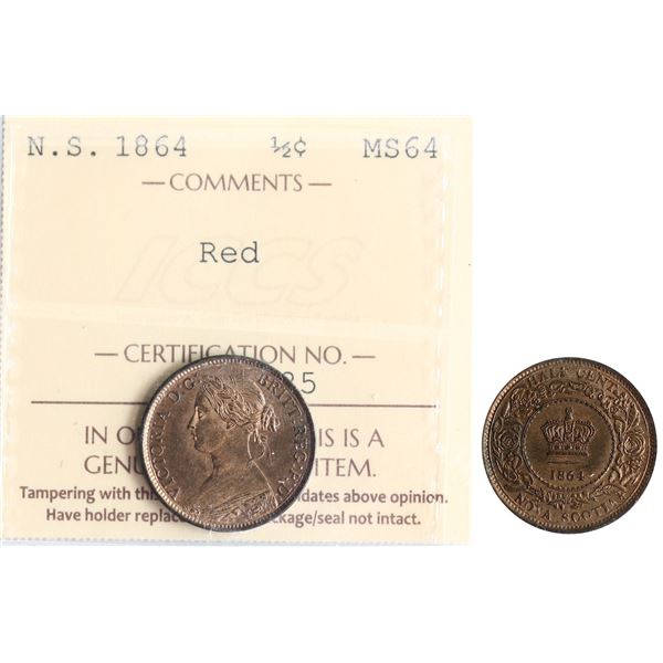 N.B. 1864 ½¢ ICCS Very Choice Mint State-64RD.  Original 90% red example.