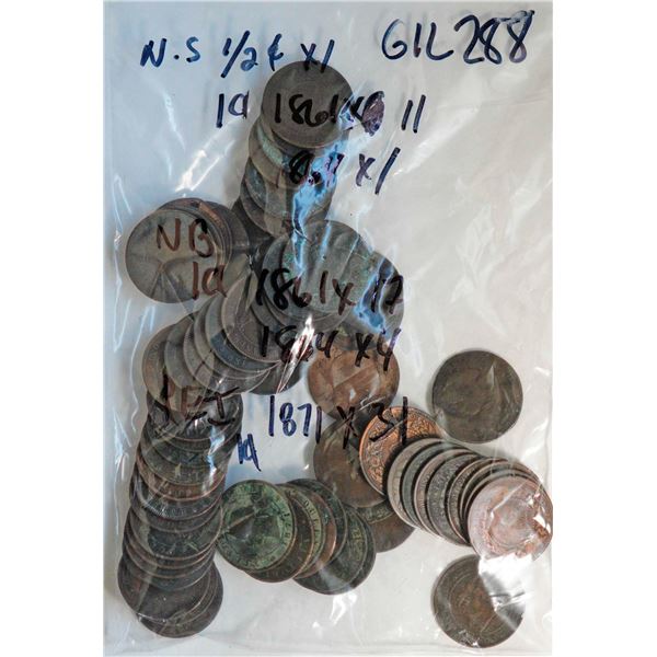 N.S. 1861 1/2¢ X 1, 1861 1¢ X 11, 1864 X 1, N.B 1¢ 1861 X 17, 1864 X 4, and PEI 1871 1¢ X 31, all Cu