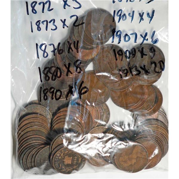 Nfld; 1865 1¢ X 7, 1872 X 5, 1873 X 2, 1876 X 4, 1880 X 8, 1890 X 6, 1894 X 8, 1896 X 3, 1904 X 4, 1