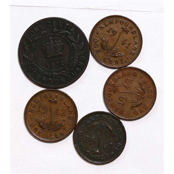 Nfld; 1872 1¢, 1941 (2), 1942 (2) lot of 5 coins