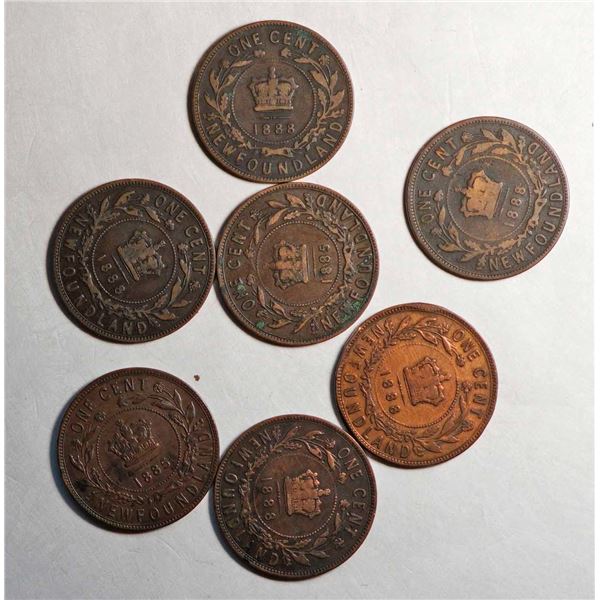 Nfld; 1885 1¢ X 2, and 1888 X 5, all VG or better, lot of 7 coins.