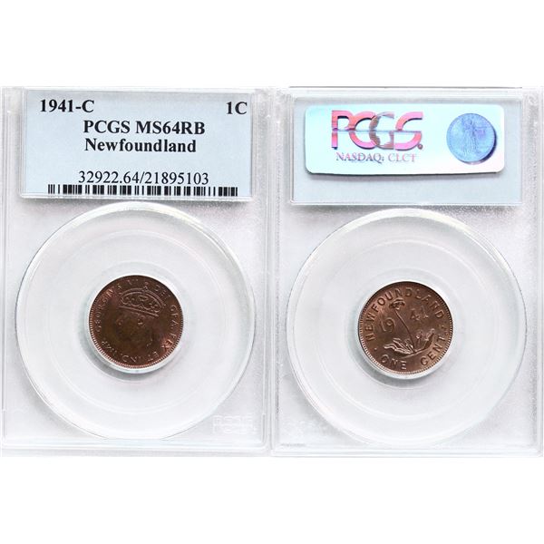 Nfld; 1941c 1¢ PCGS Very Choice Mint State-64 RB -  65% RED lustre. Lustrous and attractive issue.  