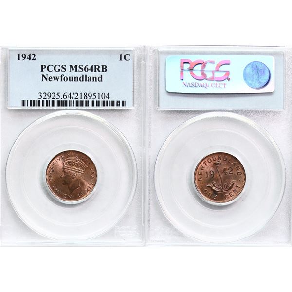 Nfld; 1942c 1¢ PCGS Very Choice Mint State-64 RB -  80% RED lustre. Lustrous and attractive issue.