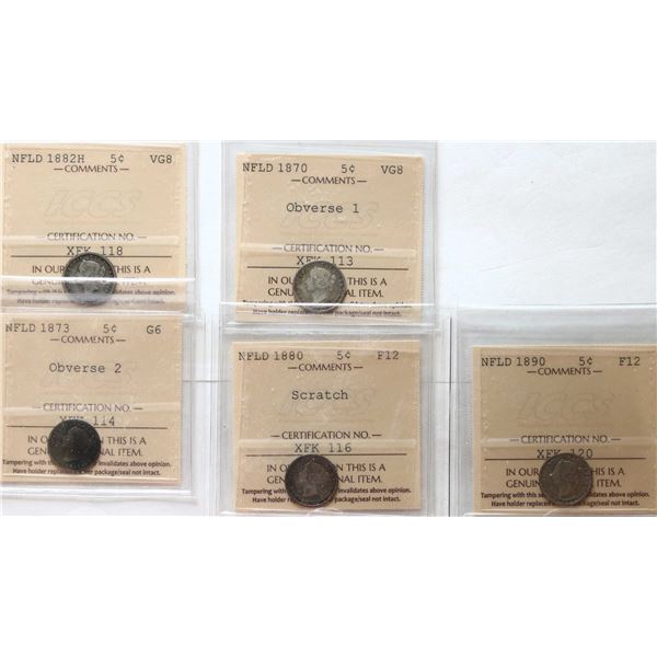 Nfld; 1870 "Obv.1"5¢, 1873 "Obv.2", 1880 scratch, 1882H, 1890, All 5 coins ICCS Good-6 to Fine-12.  
