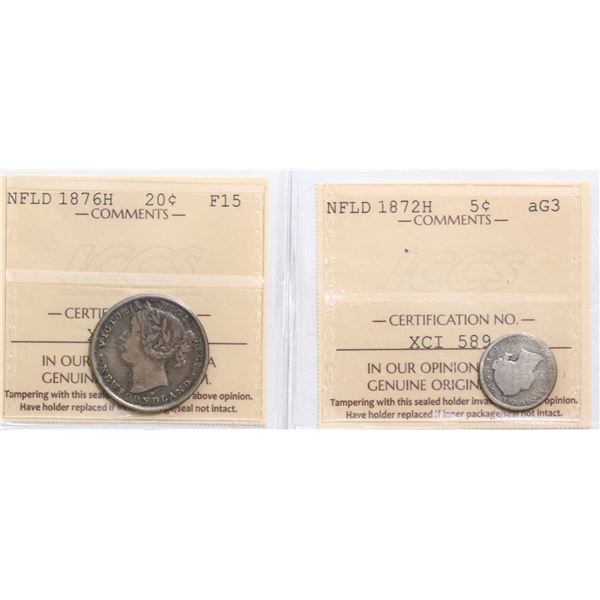 Nfld; 1872H 5¢ about Good-3, 1876H 20¢ Choice Fine-15, Lot of 2 ICCS coins.