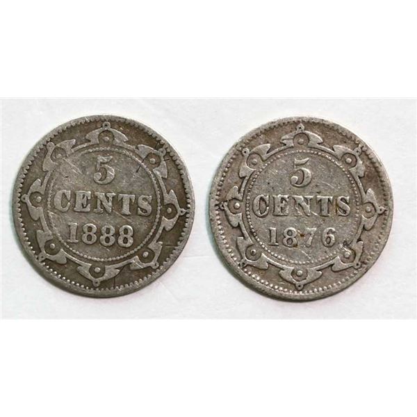 Nfld; 1876 5¢ Fine and 1888 5¢ VG, lot of 2 coins.