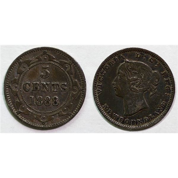Nfld; 1888 5¢ VF or better.