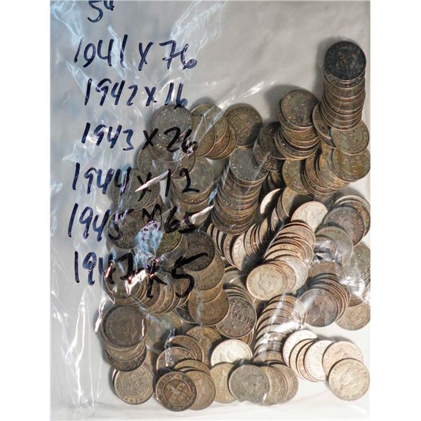 Nfld; 1941 5¢ X 76, 1942 X 16, 1943 X 26, 1944 X 12, 1945 X 65, and 1947 X 5, all VG to EF, lot of 2