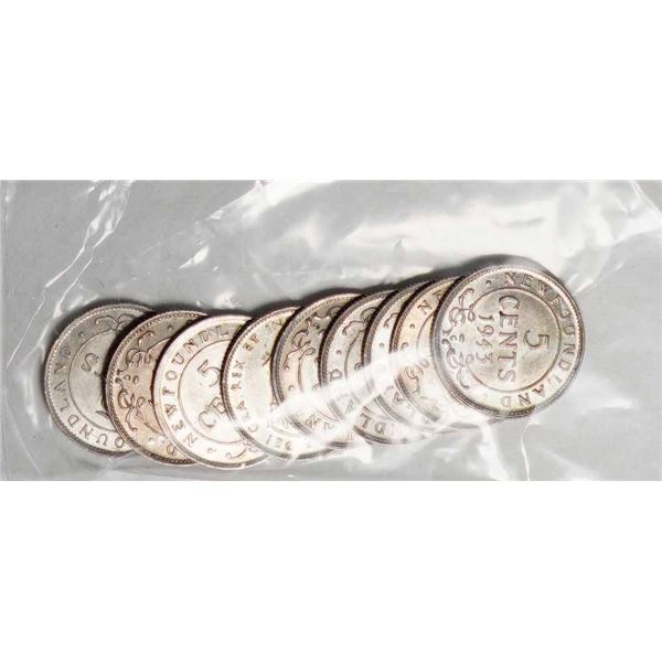 Nfld; 1941c 5¢ X 6, 1943c X 2, and 1945c, all UNC or better, lot of 9 coins.