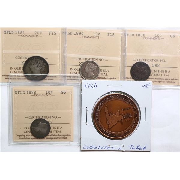 Nfld; 1880 10¢, 1888, 1890 & 1881 20¢, All 4 coins ICCS Good-6 to Choice Fine-15.  & Confederation m
