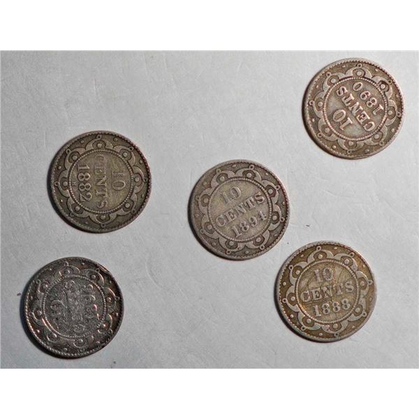 Nfld; 1882 10¢, 1888, 1890, 1894, and 1896 , all G-VG lot of 5 coins.