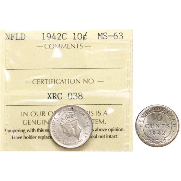 Nfld; 1942c 10¢ ICCS Choice Mint State-63 Brilliant and lustrous