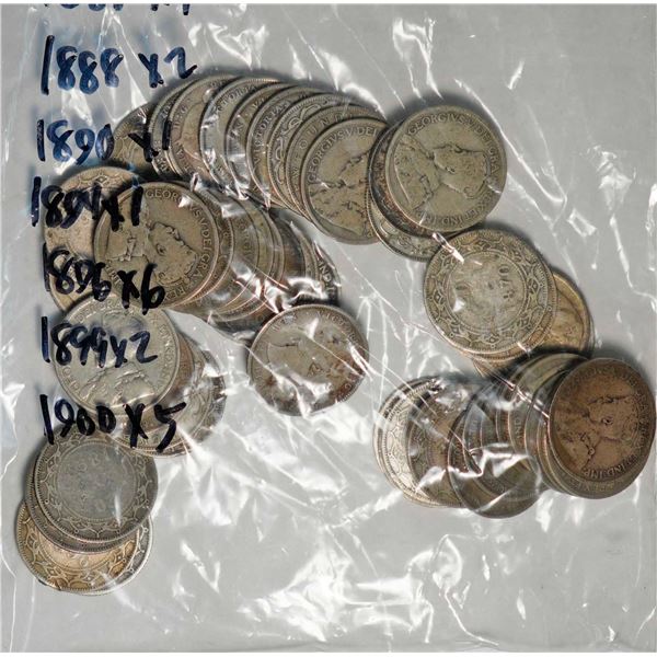 Nfld; 1865 20¢, 1870, 1882 X 4, 1888 X 2, 1890, 1894, 1896 X 6, 1899 X 2, 1900 X 5, 1917 25¢ X 24, a