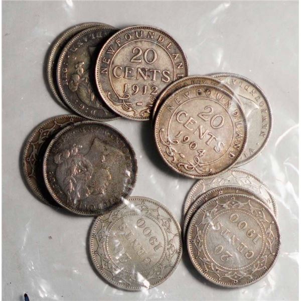 Nfld; 1882 20¢, 1894, 1896 X 3, 1899, 1900 X 5, 1904 X 2, and 1912, all VF or better, lot of 14 coin