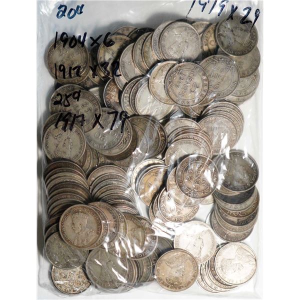 Nfld; 1904 20¢ X 6, 1912 X 32, 25¢ 1917 X 79 and 1919 X 29, all VG or better, lot of 146 coins.