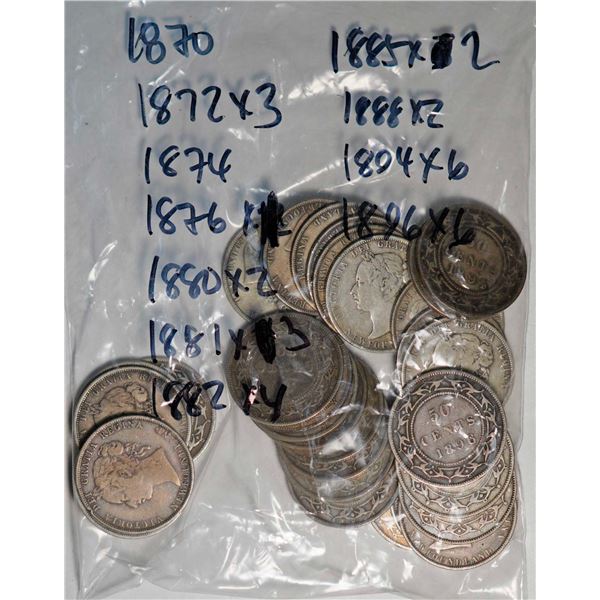 Nfld; 1870 50¢ 1872 X 3, 1874, 1876, 1880 X 2, 1881 X 3, 1882 X 4, 1885 X 2, 1888 X 2, 1894 X 6 and 