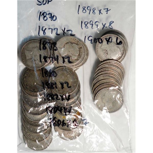 Nfld; 1870 50¢, 1872 X 2, 1873, 1874 X 2, 1880, 1881 X 2, 1882 X 4, 1894, 1896 X 7, 1898 X 7,  1899 