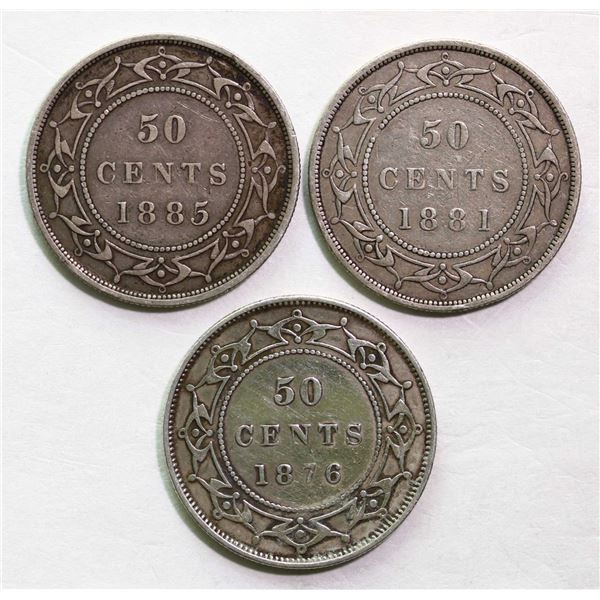 Nfld; 1876H 50¢, 1881 and 1885, all VF or better, lot of 3 coins.