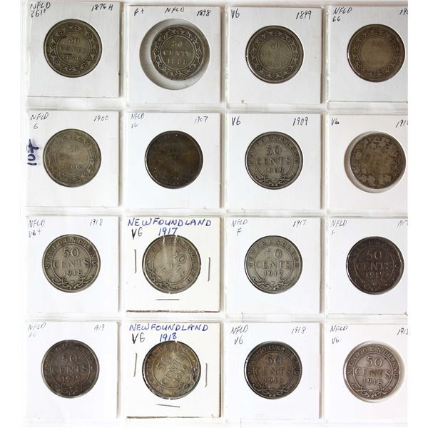 Nfld; 1876H-1918 50¢ - about Good to fine.  Lot of 16 coins.