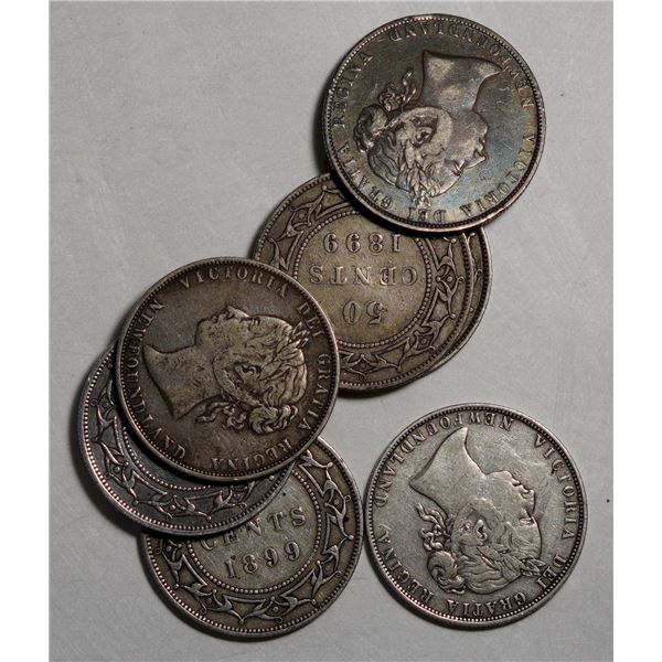 Nfld; 1898 50¢, 1899 S9 X 3, 1899 L9 X 2, and 1900, all VF or better, lot of 7 coins.