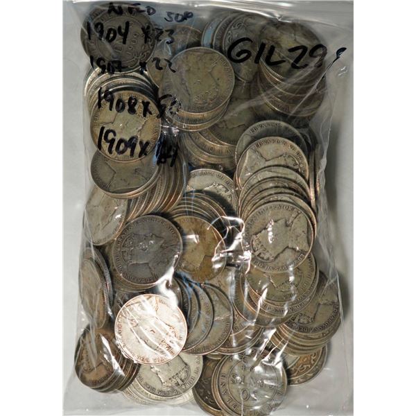Nfld; 1904H 50¢ X 23, 1907 X 22, 1908 X 50, and 1909 X 64, all VG or better, lot of 159 coins.