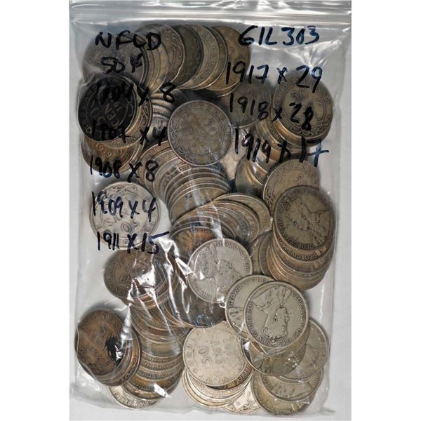 Nfld; 1904H 50¢ X 8, 1907 X 4, 1908 X 8, 1909 X 4, 1911 X 15, 1917 X 29, 1918 X 28, and 1919 X 17, a