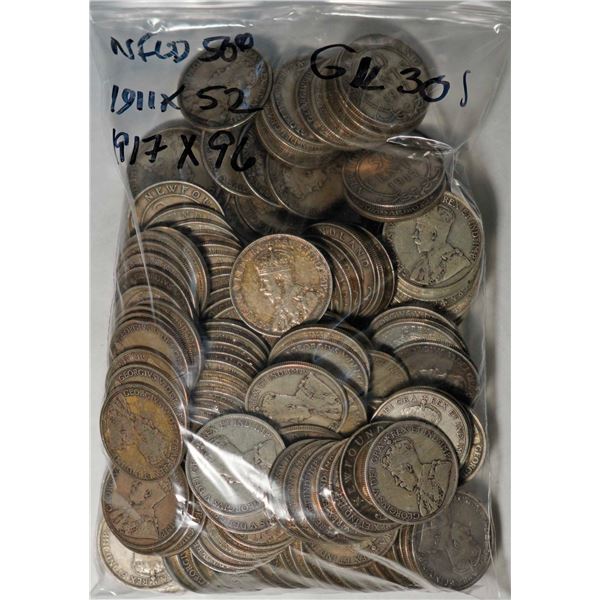 Nfld; 1911 50¢ X 52, and 1917 X 96, all VG or better, lot of 148 coins.