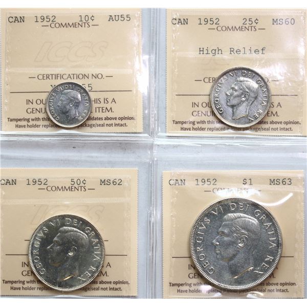 1952 Partial Mint set; includes 10¢, 25¢, 50¢ & Silver Dollar.  All 4 coins ICCS graded Choice About