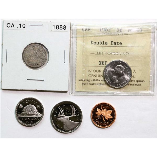 Decimal Lot; 1991 1¢, 1962 5¢ "Double Date" ICCS Choice Mint State-63, 1991, 1888 10¢  G-VG, 1991 25