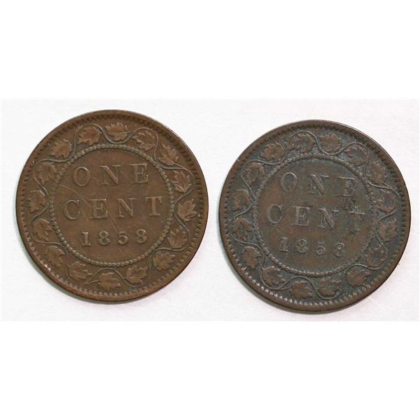 1858 1¢ VG or better, lot of 2 coins.