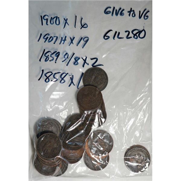 1858 1¢, 1859 9/8 X 2, 1900 X 16 and 1907H X 19, all G/VG to VG, lot of 38 key dates coins.