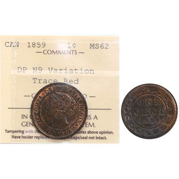 1859 1¢ DP N9 Variation ICCS Choice Mint State-62 Trace Red.  Some nice lustre.